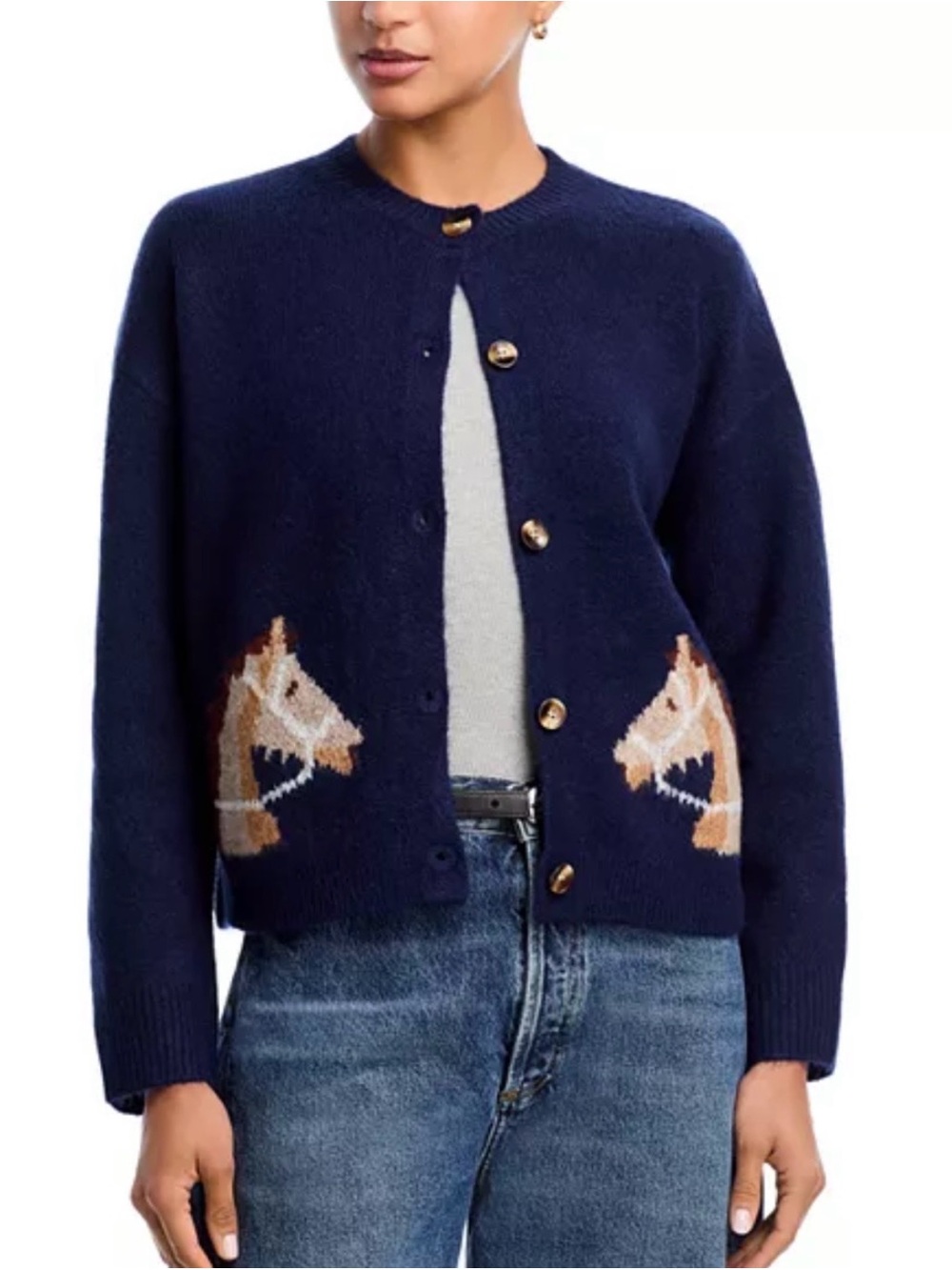 Vigoss Navy Button-Up Cardigan with Horse Intarsia